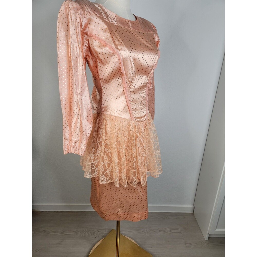 Vintage Homemade Homecoming Mid 80s Party Dress Peach Lace Sheath Peplum S - Picture 9 of 17
